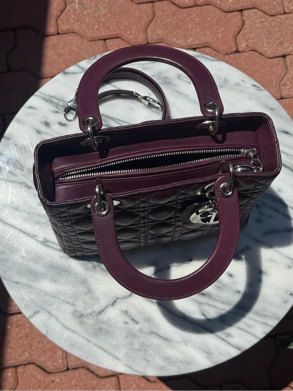 Christian Dior Quilted Leather Medium Lady Dior in Deep Plum Purple w/ Strap